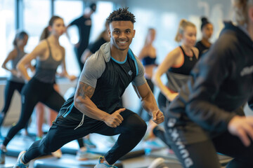 Wall Mural - A group of people doing lunge squats on a step platform in the gym, dressed in sportswear and sweat pants, wearing sneakers