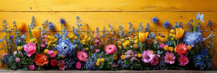 Poster - A collection of vibrant and fragrant flowers arranged neatly on a shelf, casting a colorful and lively display in a serene setting