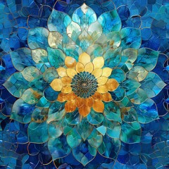 Sticker - A mesmerizing painting of a delicate blue flower mandala with vibrant yellow petals, capturing the essence of natures beauty in a sunlit garden