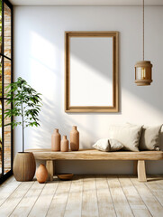 Wall Mural - Farmhouse interior design of modern home entryway. Country hall with wooden bench and mock up blank poster frame on white wall.