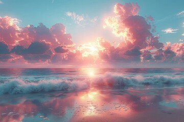 Poster - The sun gracefully sets over the tranquil ocean, painting the sky with hues of gold and pink as fluffy clouds drift by