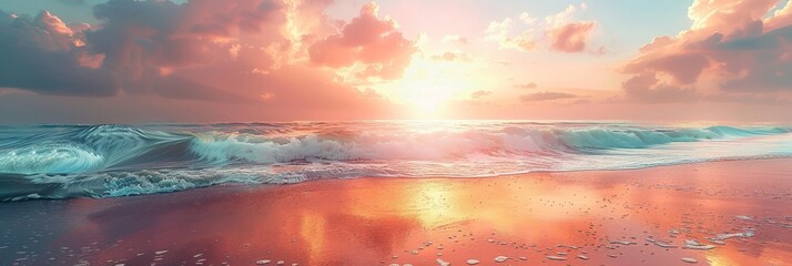Poster - A vibrant painting capturing a serene sunset over the ocean, with a colorful sky reflecting on calm waters below