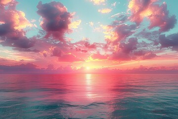 Poster - Pastel hues paint the sky as the sun dips below the horizon, casting a warm glow over the tranquil ocean with billowing clouds gently drifting by