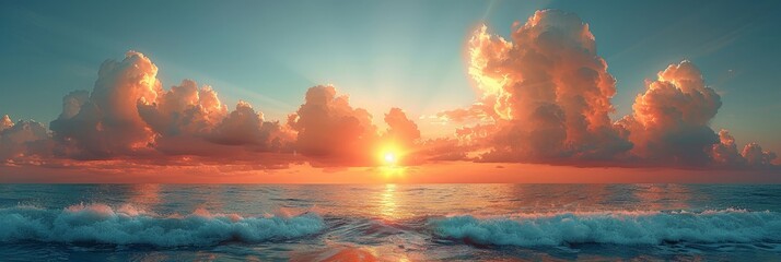 Poster - The sun gracefully dips below the horizon, casting a warm glow over the tranquil ocean, while fluffy clouds add a touch of magic to the scene