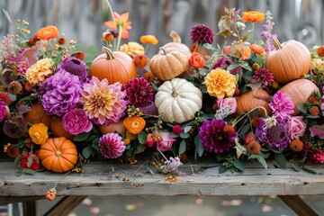 Wall Mural - A wooden table is adorned with an abundance of colorful flowers and ripe pumpkins, creating a vibrant and festive centerpiece