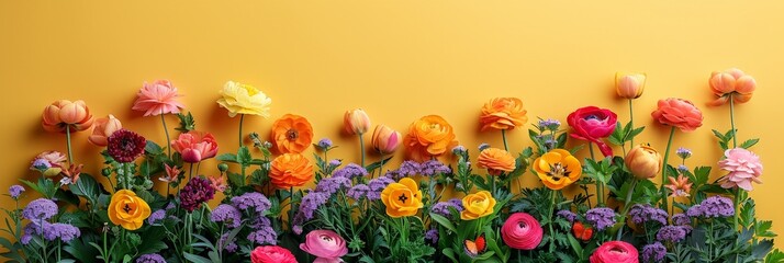  A vibrant bunch of flowers adorns a sunny yellow wall, casting a cheerful glow in the room