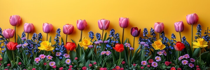 Sticker - A vibrant row of colorful flowers sways gracefully next to a bright yellow wall