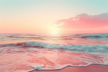 Poster - The glowing sun descends over the horizon, casting a warm golden light on the gently rolling ocean waves