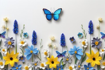 Poster - A delicate butterfly gracefully flutters above a vibrant field of blue and yellow flowers, adding a touch of elegance to the colorful landscape