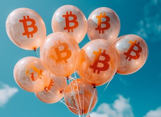 Wall Mural - Bitcoin Cryptocurrency Celebration Concept with orange  Balloons in the blue Sky