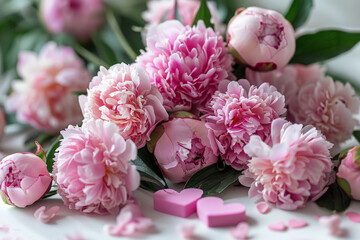 Poster - A cluster of delicate pink peony flowers elegantly arranged on a wooden table