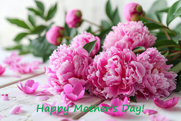 Wall Mural - Happy mother's day! A beautiful bouquet of pink flowers, vibrant and delicate, sits gracefully on the wooden table, radiating a sense of tranquility and elegance