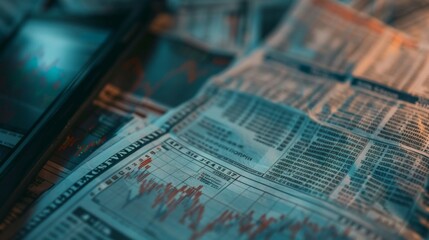 Wall Mural - Stock ticker showing rising interest rates and dividends, with financial newspapers in the background