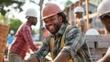 Fototapeta  - business, building, teamwork and people concept - group of smiling builders in hardhats outdoors