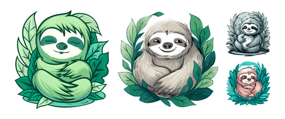 Sticker - Charming sloth Mascot-style vector illustration set. Generative AI.