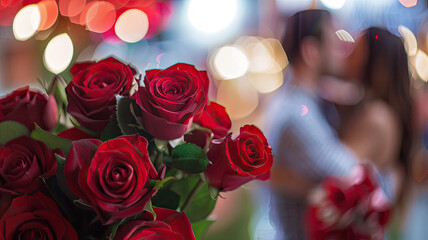 Wall Mural - A bouquet of red roses is displayed in front of a couple embracing