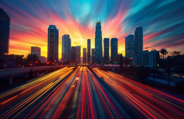 A city skyline with a sunset in the background