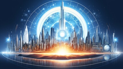 Wall Mural - Futuristic smart city skyline panorama with eco concept of skyscrapers and tall buildings