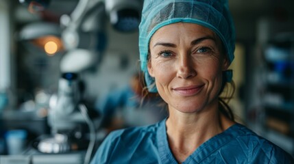 Wall Mural - Confident female surgeon in operating room with advanced robotic surgery equipment