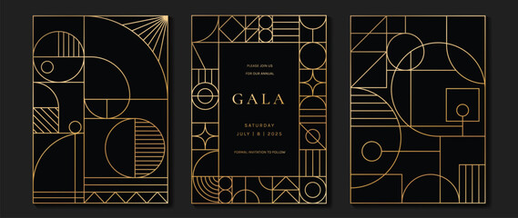 Luxury invitation card background vector. Elegant classic antique design, gold lines gradient on dark background. Premium design illustration for gala card, grand opening, art deco.