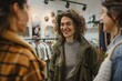 Smiling person engaging in a friendly conversation with peers in a cozy boutique clothing store.
