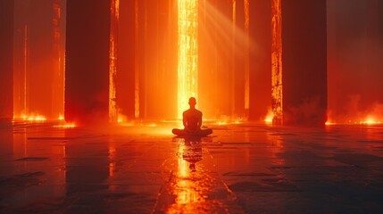 Wall Mural - A figure sits in meditation surrounded by beams of glowing light that seem to flow through their body and radiate out into the cosmos symbolizing the deeper connection between