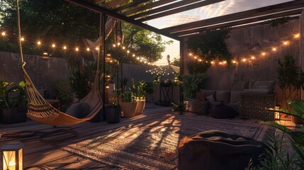 at dusk in the summer, a comfortable rooftop patio area with a lounging area, a hanging chair, and s