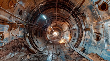 Round concrete elements or segment of a built subway tunnel under construction. Tunnel boring machine on construction site building metro with engineer to control 