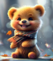 Wall Mural - A cute teddy bear is wearing a scarf and smiling