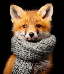 Wall Mural - A fox is wearing a scarf and looking at the camera