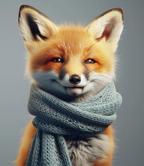 Poster - A cute little red fox is wearing a blue scarf and sitting on a table