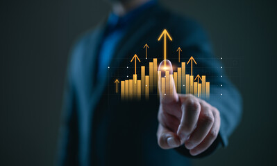 Poster - global business growth analysis and asset investment chart Business and Finance Up arrow Holographic economic chart, global economic trend analysis, financial graph analysis on virtual screen.