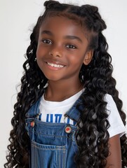 Wall Mural - A young girl with long hair and a blue overalls is smiling