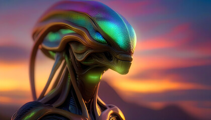 A digital illustration of an alien creature with colorful, iridescent skin and glowing lights