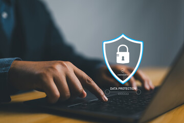 Fototapete - Cybersecurity data protection, businessman with security icons connecting to application ecosystem, protection from hacker, crime, identification and authentication, checkmark, padlock.
