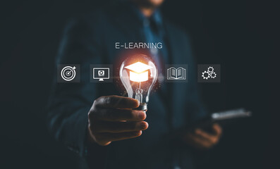 Leinwandbilder - E-learning graduate certificate program concept. Man use computer laptop for online study, Internet education course degree, study knowledge to creative thinking idea and problem-solving solution