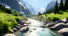 A River With Rocks In Front Of A Mountain Side