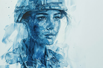 Blue watercolor painting of a military personnel, army woman