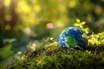 Wall Mural - globe on blooming field background with sun rays