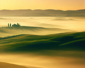 Wall Mural - Tuscany landscape at sunrise with low fog