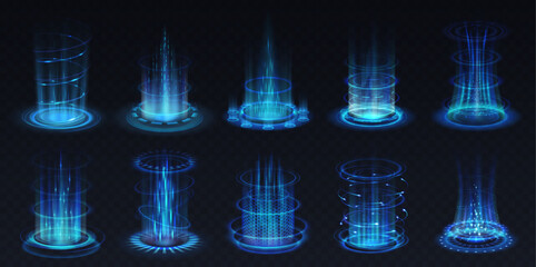 Blue glowing magic portals realistic vector illustration set. Video-game level up light effect 3d elements on black background. Fantasy template