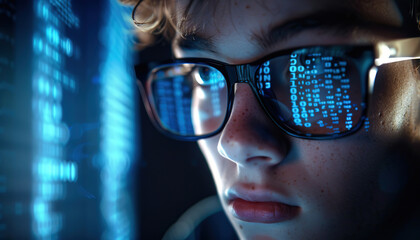 Young programmer looking at the monitor in front of him. Monitor illuminating his face and creating a reflection on his glasses. The reflection shows binary code.