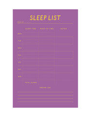 Wall Mural - Sleep list Planner. Minimalist planner template set. Vector illustration.	