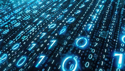 Digital Matrix, Abstract Blue Binary Code Background, Symbolizing Programming and Technology. 