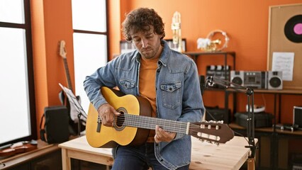 Poster - A young hispanic man delicately plays an acoustic guitar in a cozy music studio with vibrant orange walls.