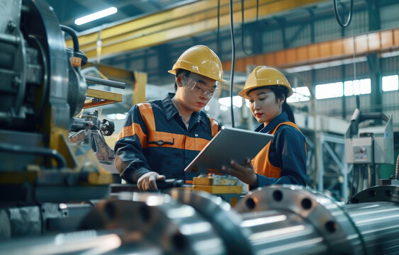 A team of two Asian workers wearing safety helmets and overalls, working together on an industrial lathe machine in the factory. The worker is holding a tablet computer