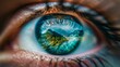 a close up of a human eye with the reflection of a mountain in the background.