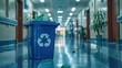 A recycling bin in a hospital, representing the integration of healthcare and environmental sustainability