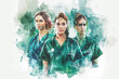 Green watercolor painting of a group of medical professionals