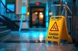 A yellow caution wet floor sign is on the floor..